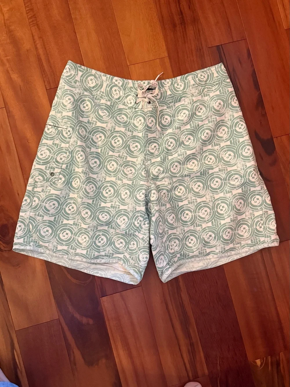 Patagonia Mint Green Circular Print Swim Board Shorts